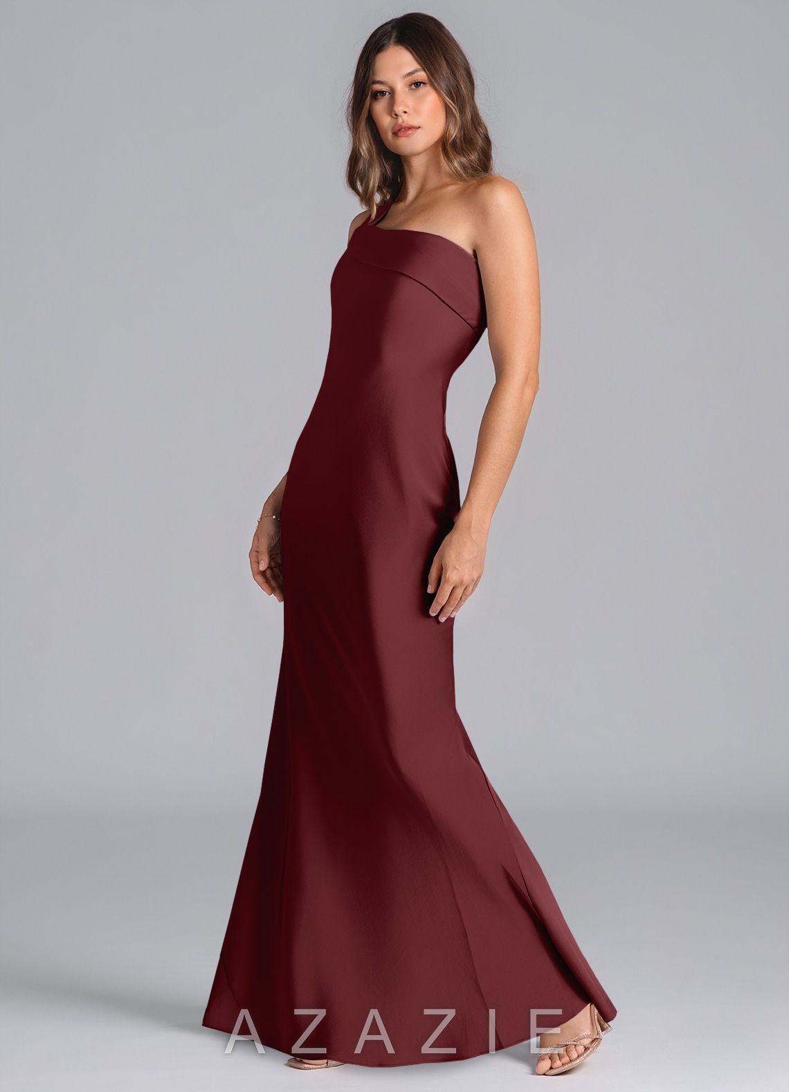 Azazie Driea Cabernet Mermaid One Shoulder Stretch Satin Dress cabernet