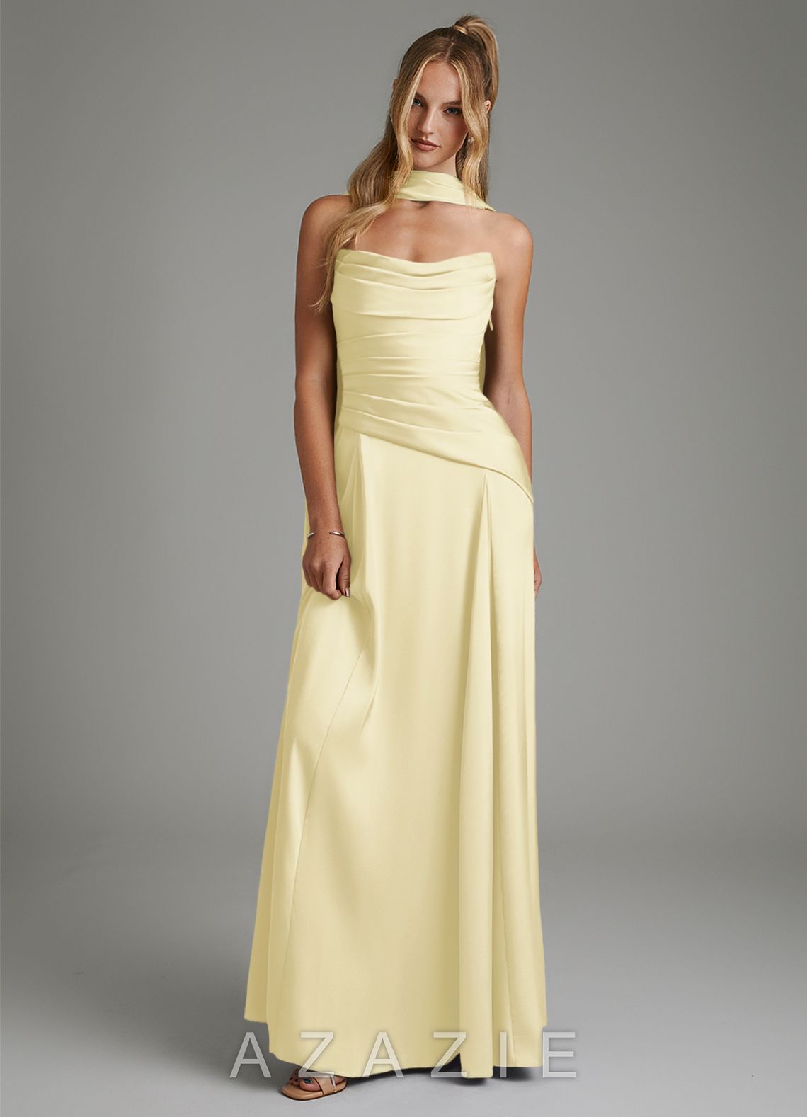 Azazie Gabriela Lemon Sorbet A-Line Corset Stretch Satin Dress