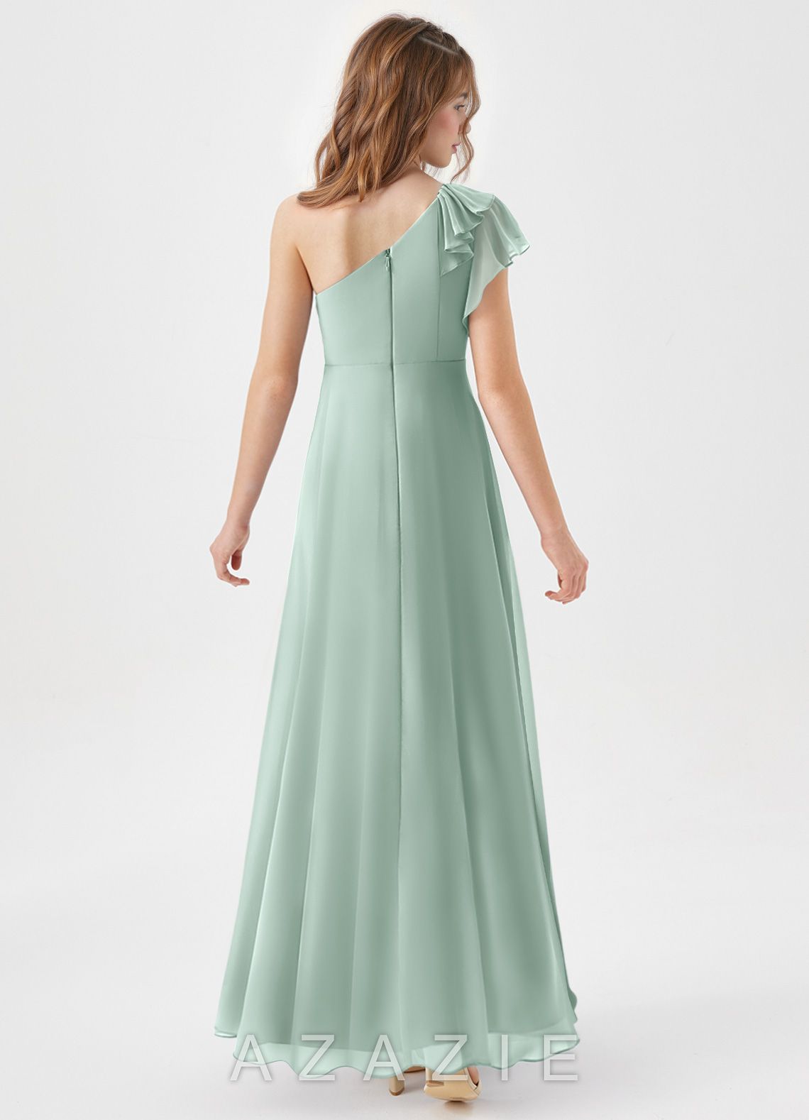 Azazie Arabella Junior Agave A-Line Ruched Chiffon Dress agave