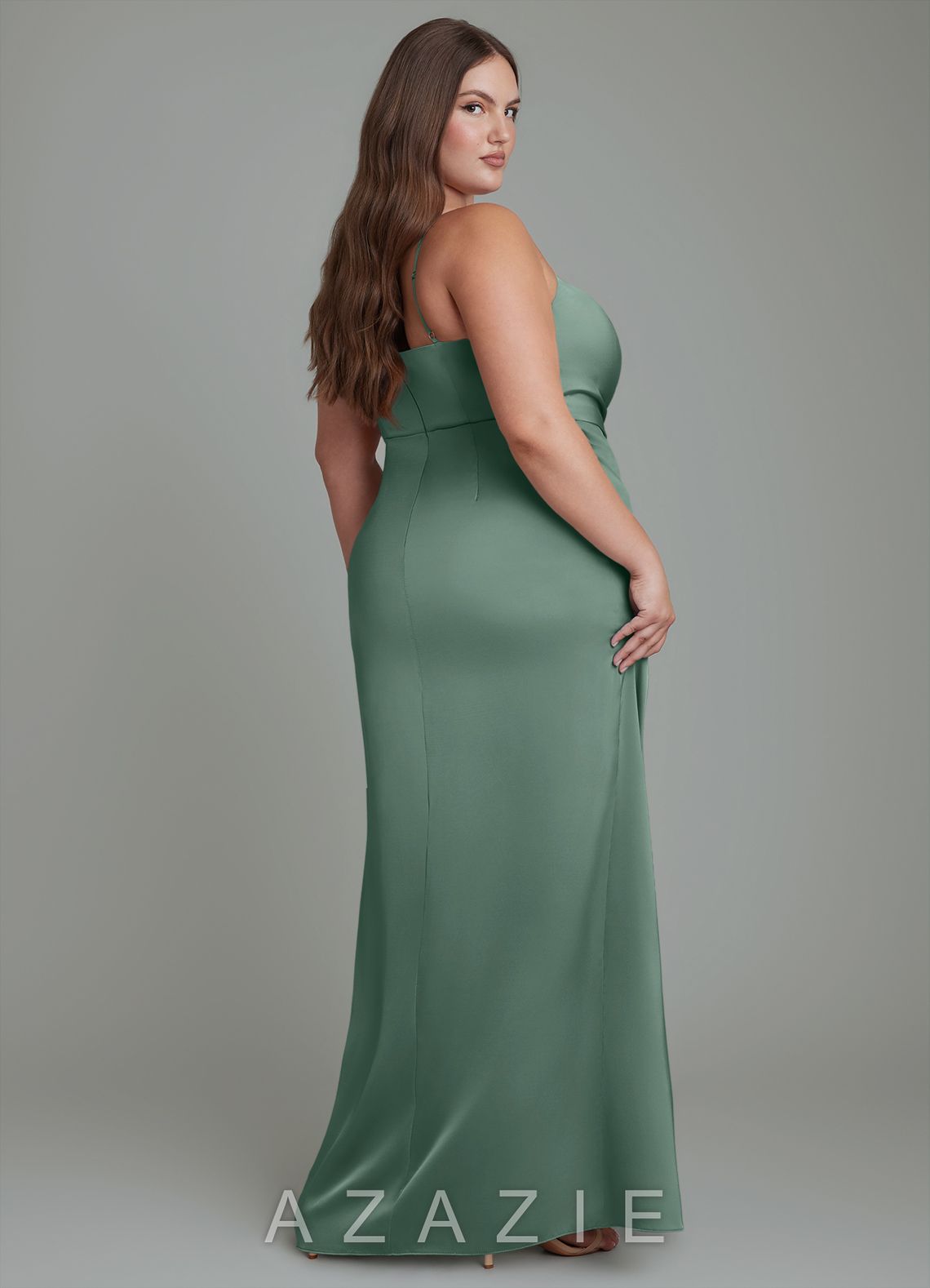Azazie Calandra Eucalyptus Sheath Pleated Stretch Satin Dress eucalyptus