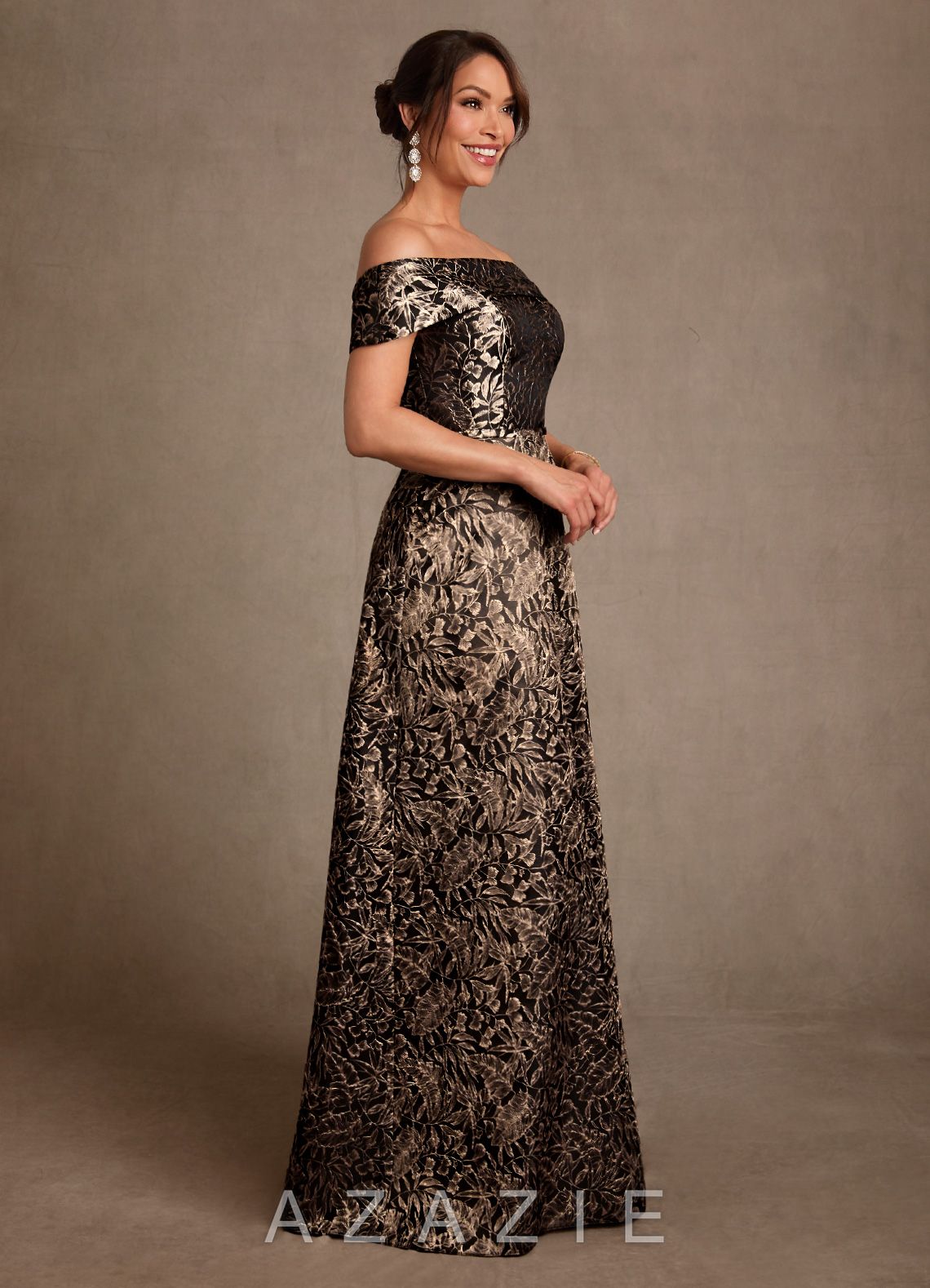 Azazie Jossie Ebony Gold Jacquard A-Line Off the Shoulder Jacquard Dress ebony_gold_jacquard