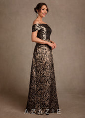 Azazie Jossie Ebony Gold Jacquard A-Line Off the Shoulder Jacquard Dress ebony_gold_jacquard
