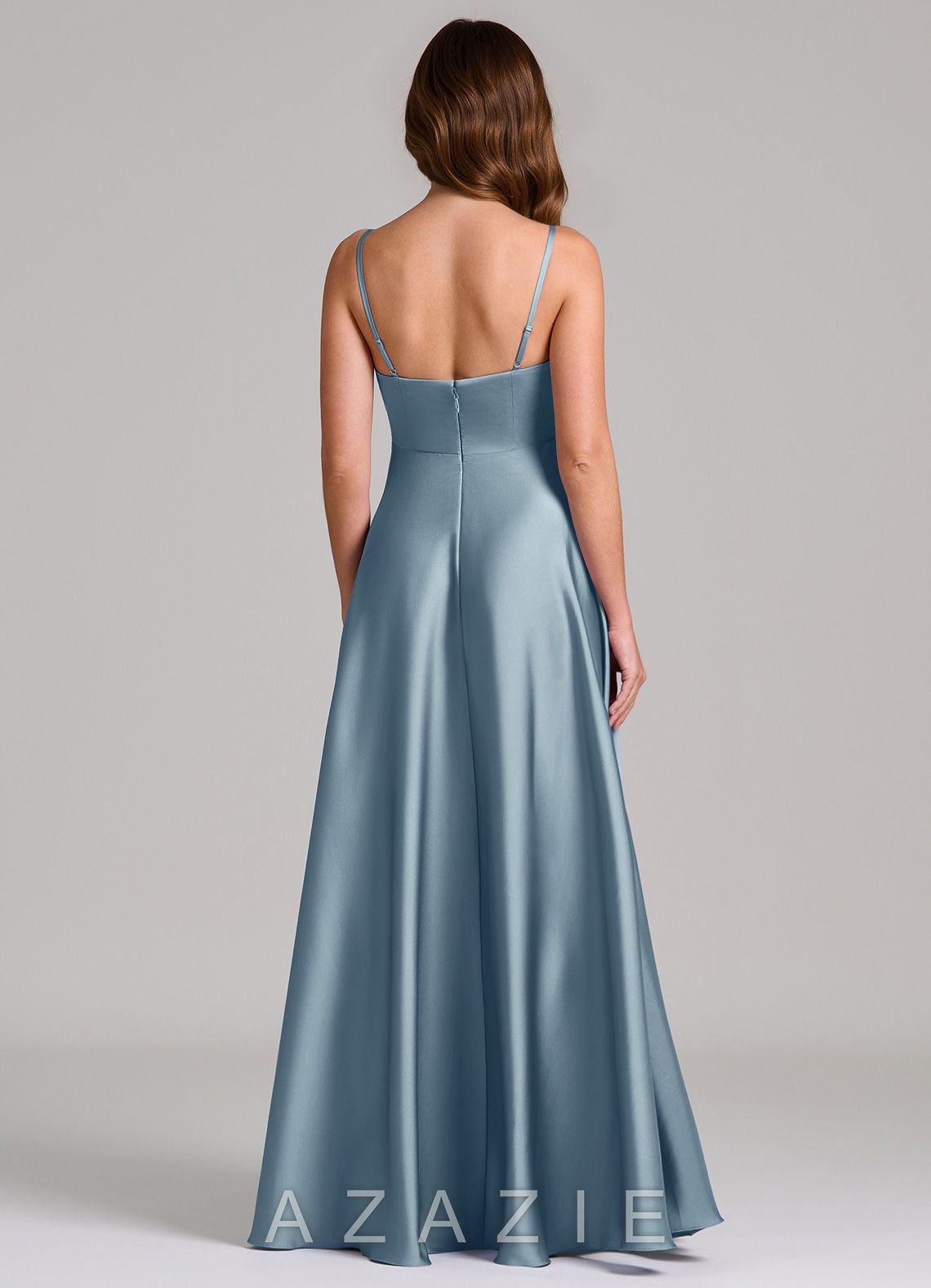 Azazie Amani Dusty Blue A-Line Pleated Stretch Satin Dress dusty_blue