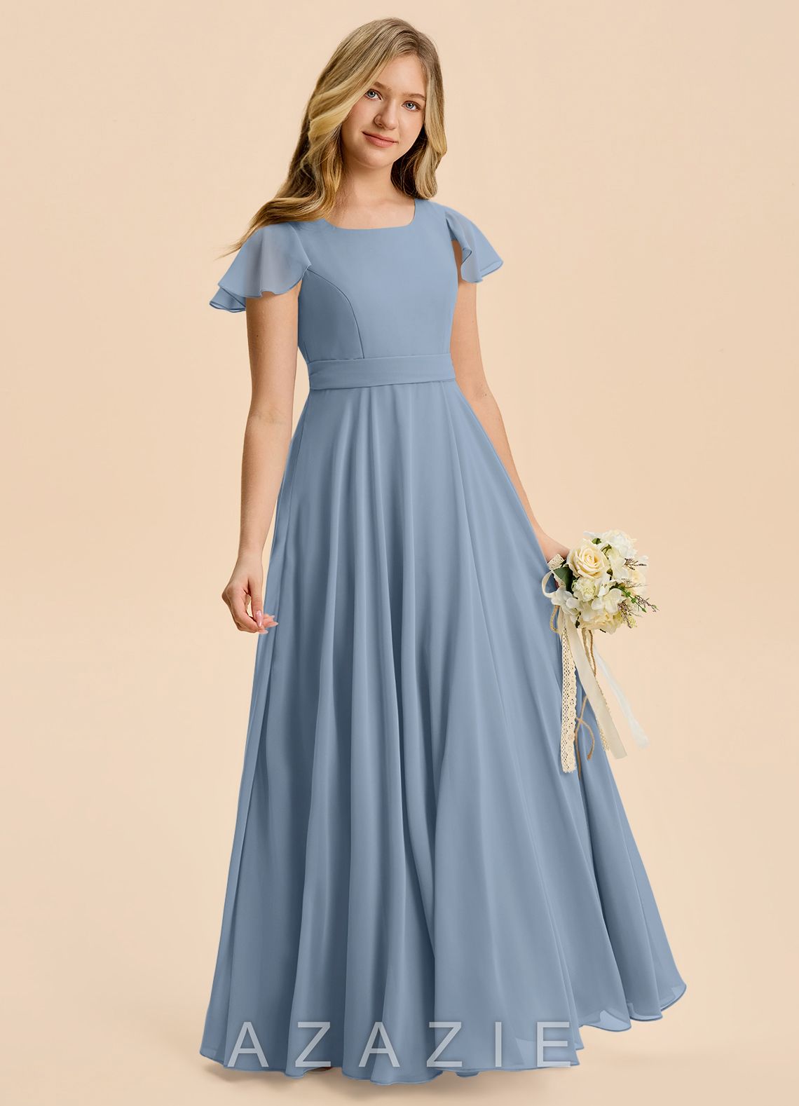 Azazie Cady Junior Dusty Blue A-Line Pleated Chiffon Dress dusty_blue