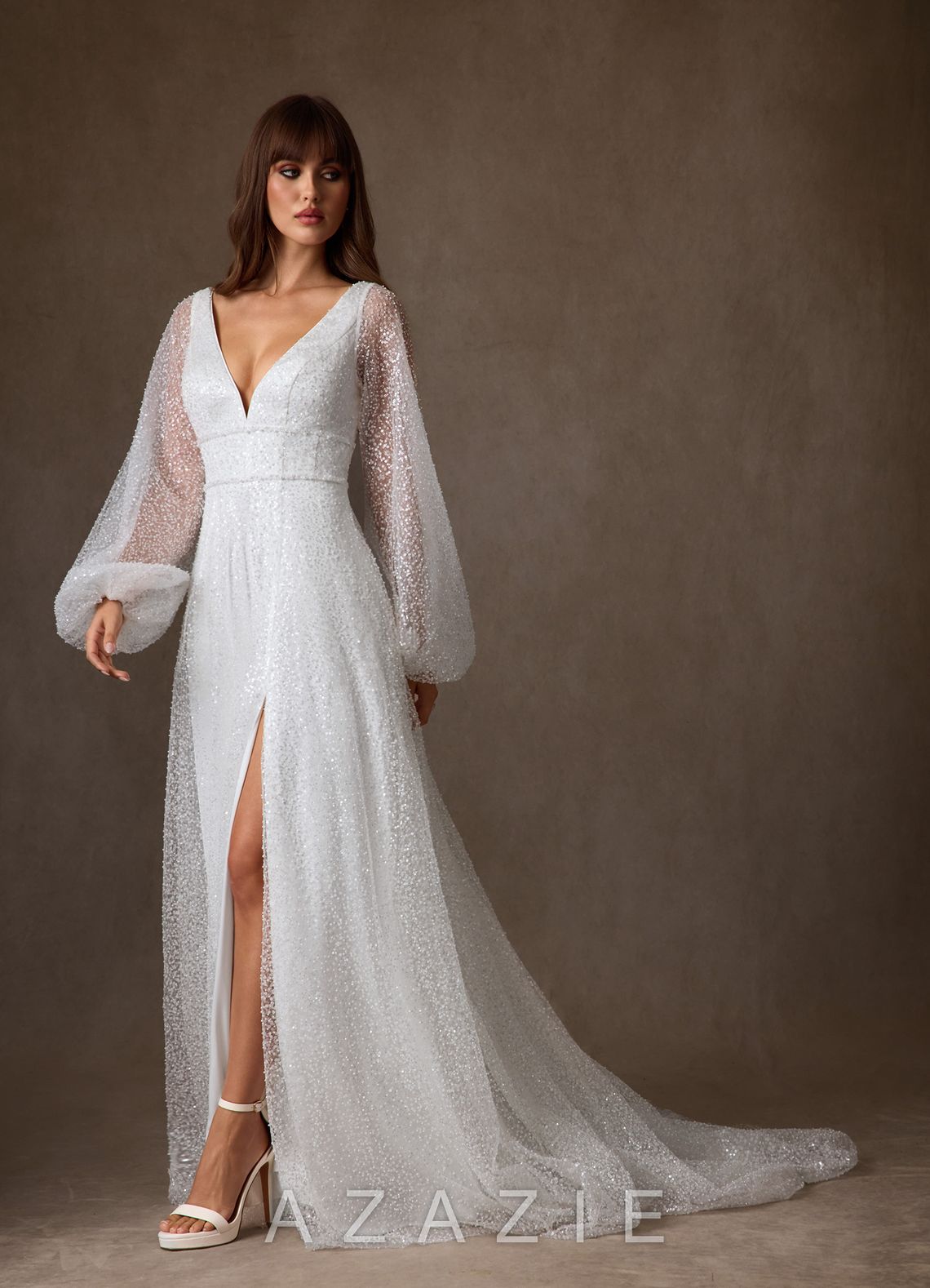 Azazie Gaia Wedding Dress Diamond White A-Line V-Neck Beading Dress