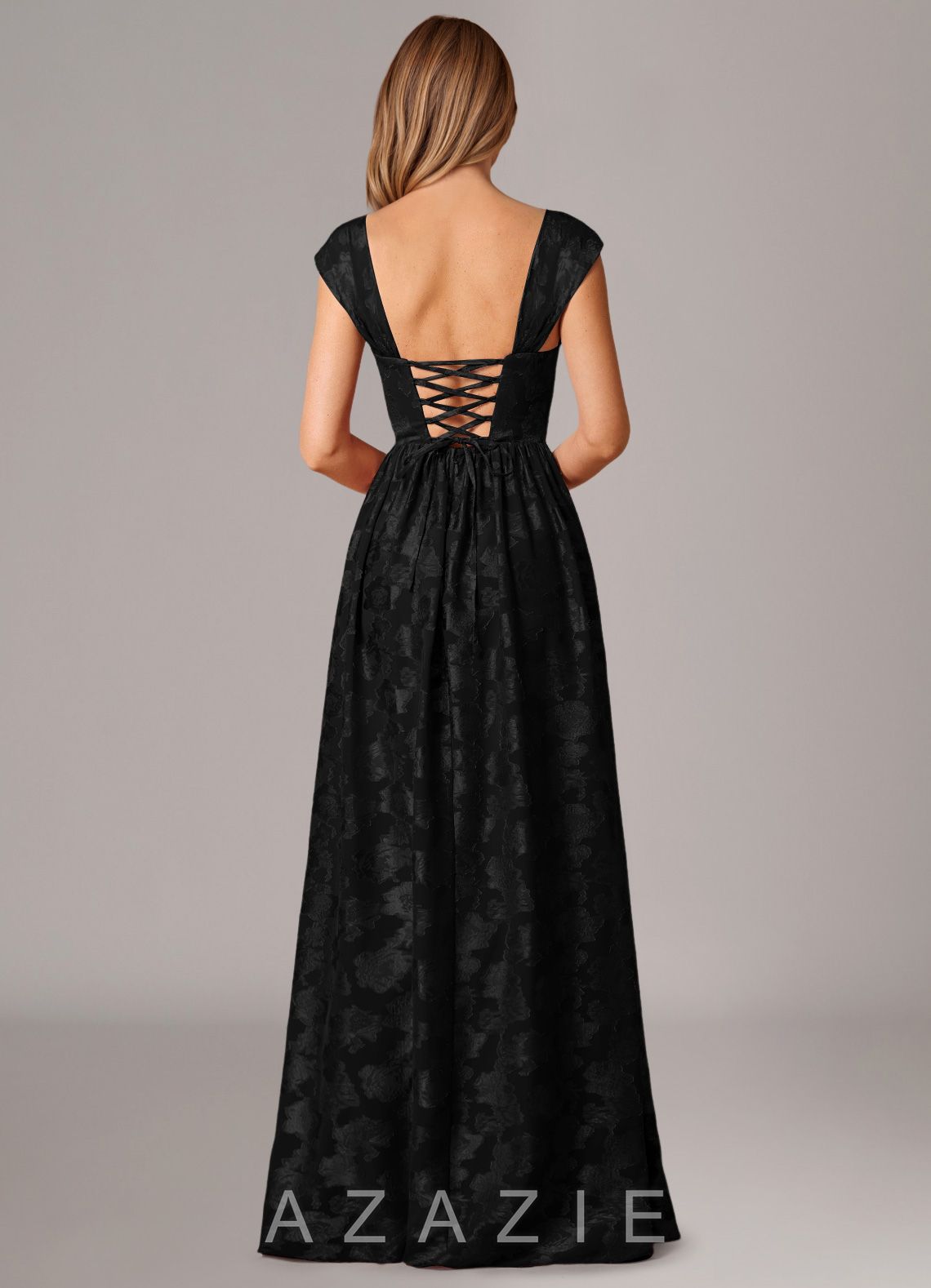 Azazie Hazel Black A-Line Corset Floral Burnout Dress black
