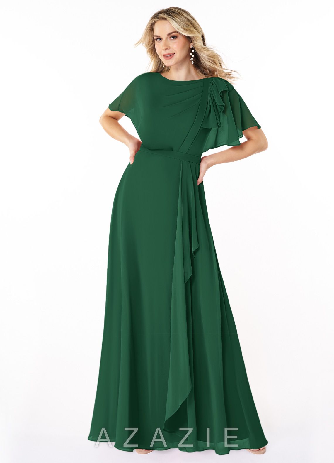 Azazie Aaliyah A-Line Scoop Pleated Chiffon Floor-Length Dress