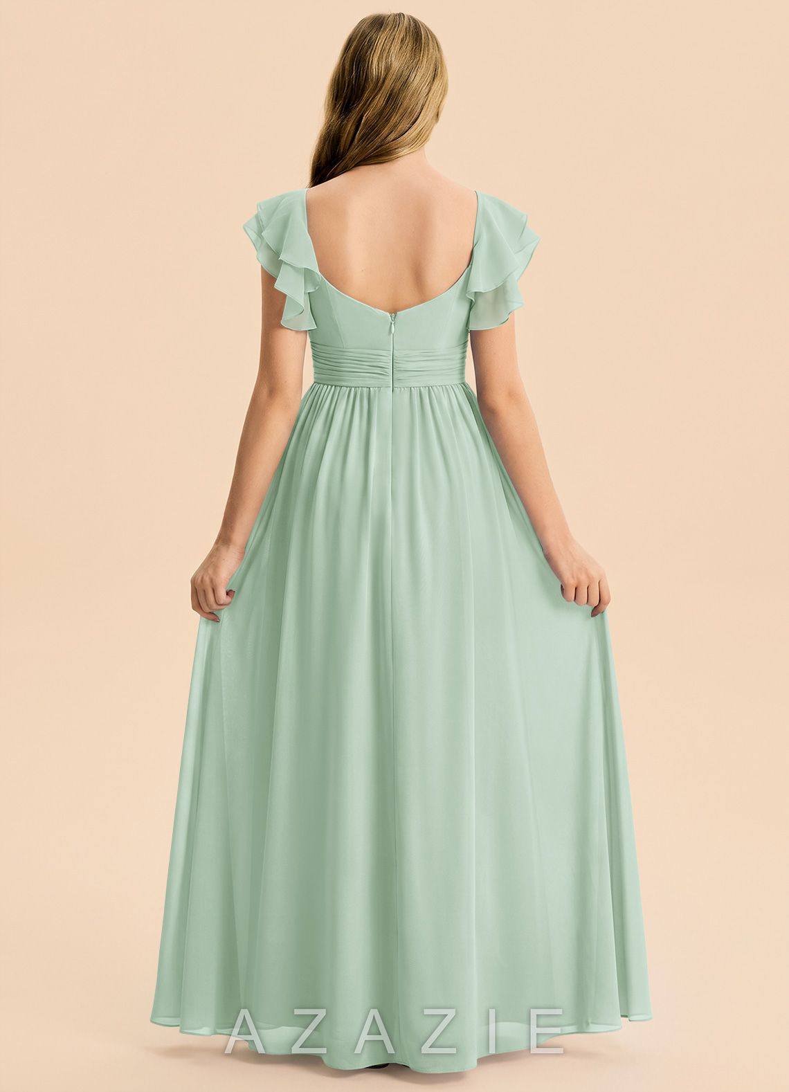 Azazie Anaya Junior Agave A-Line Sweetheart Neckline Chiffon Dress agave