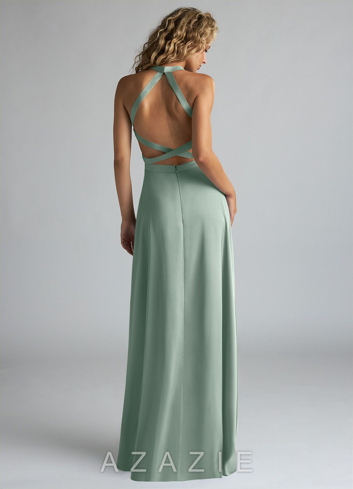 Azazie Clarice Agave A-Line High Neck Stretch Satin Dress agave