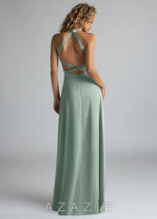 Azazie Clarice Agave A-Line High Neck Stretch Satin Dress agave