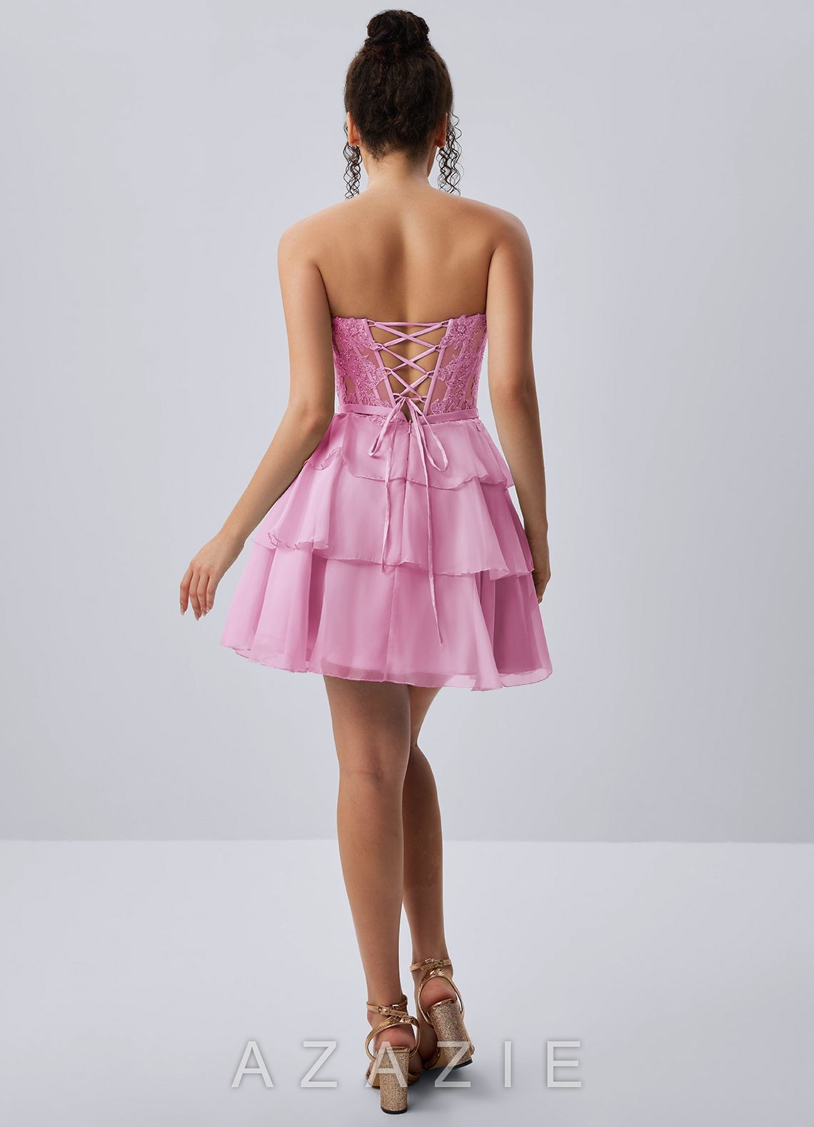 Aurelianna Pink Lace Rhinestone Ruffles Chiffon Corset Mini Dress