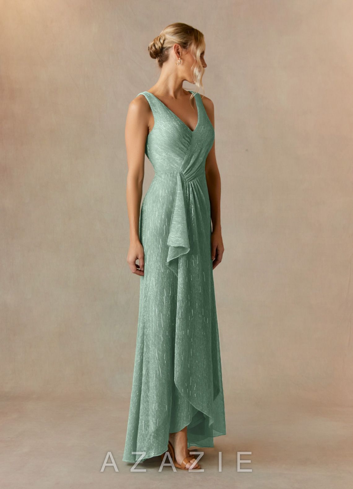Azazie Tuscon Aquamarine A-Line Ruched Metallic Mesh Dress aquamarine