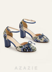 Floral Tapestry Ankle Strap Block Heels
