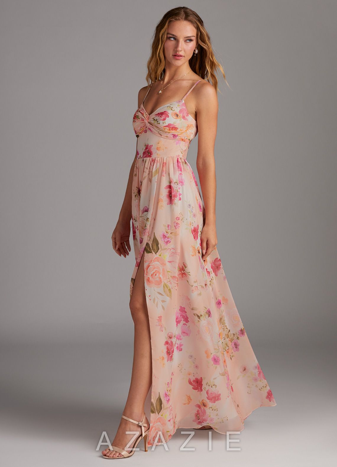 Azazie Zeya Abstract Bouquet Floral A-Line V-Neck Pleated Chiffon Dress abstract_bouquet_floral