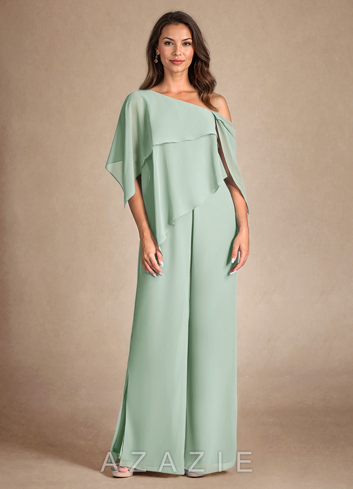 Azazie Halima Agave Jumpsuit/Pantsuit Side Slit Chiffon Dress agave