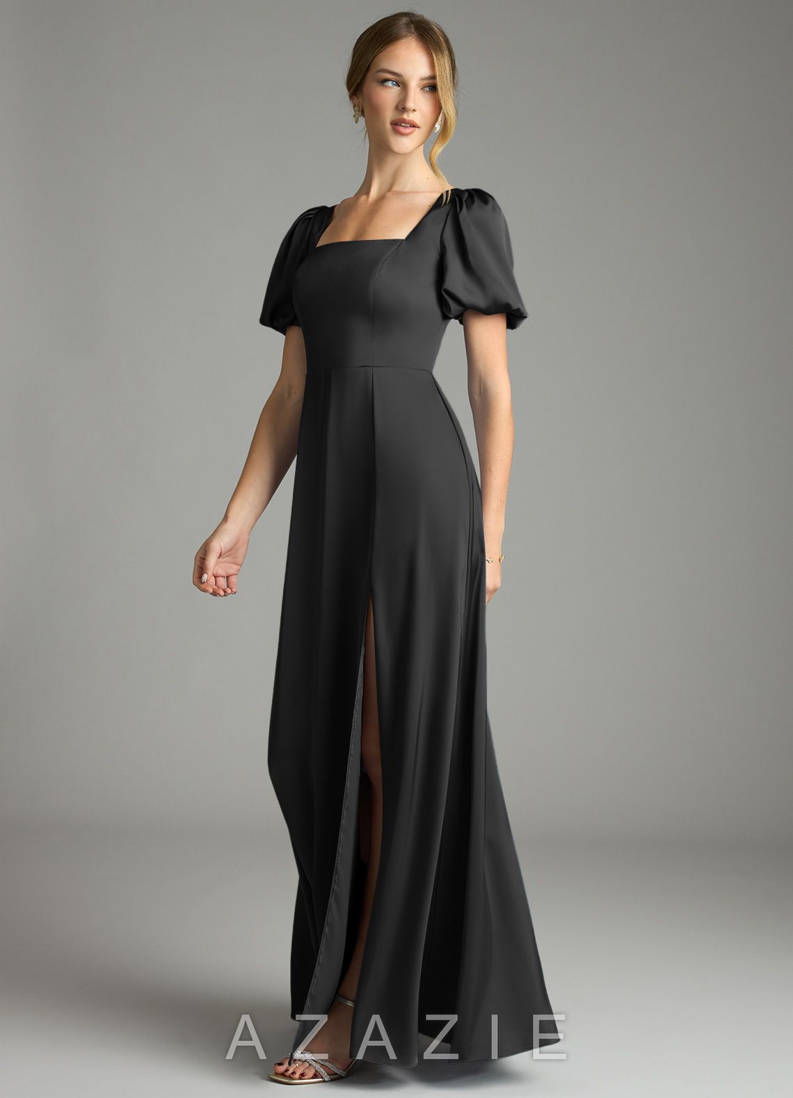 Azazie Fyona Black A-Line Pleated Stretch Satin Dress black