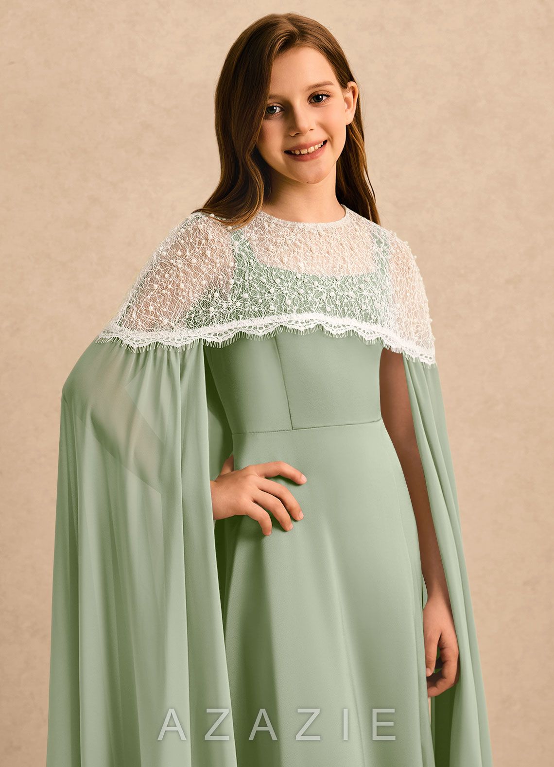 Azazie June Girls Formal Dusty Sage A-Line Lace Stretch Satin Dress dusty_sage