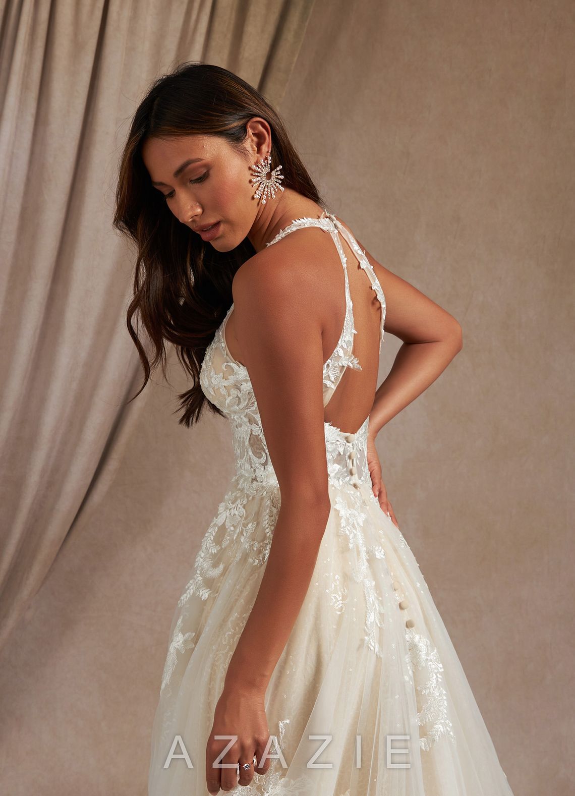 Azazie Dysis Wedding Dress Diamond White Champagne A-Line Halter Sequins Tulle Dress diamond_white/champagne