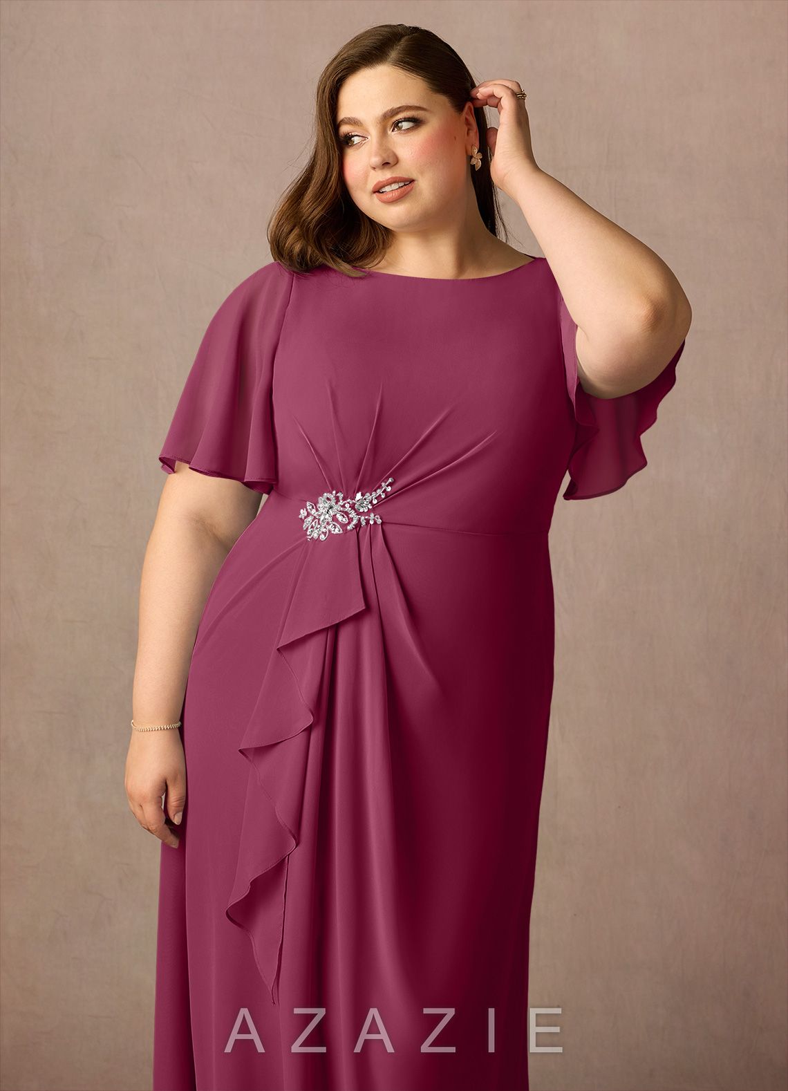 Azazie Rain Mulberry Sheath Beaded Chiffon Dress mulberry