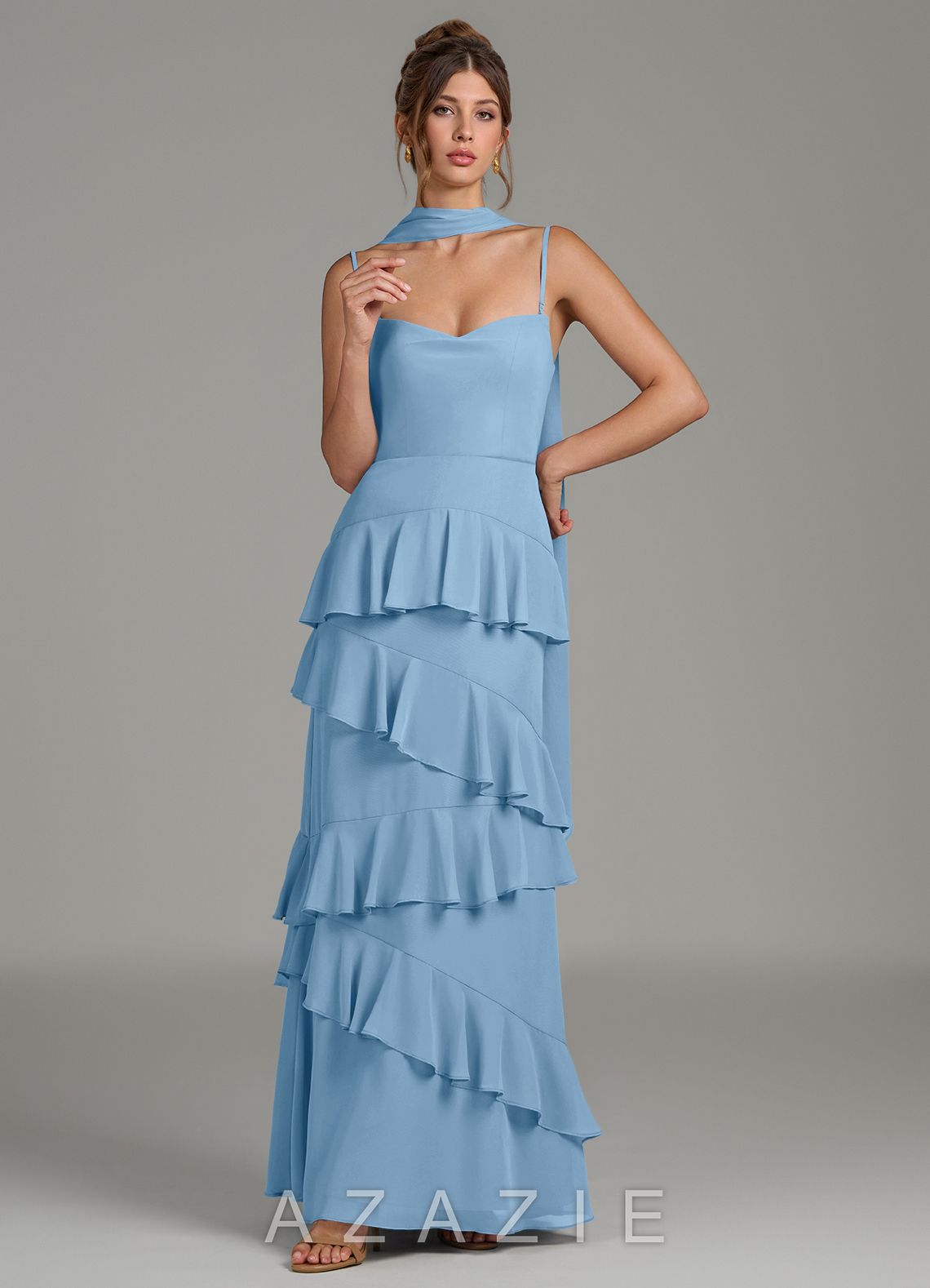 Azazie Imani Steel Blue A-Line Ruched Chiffon Dress steel_blue