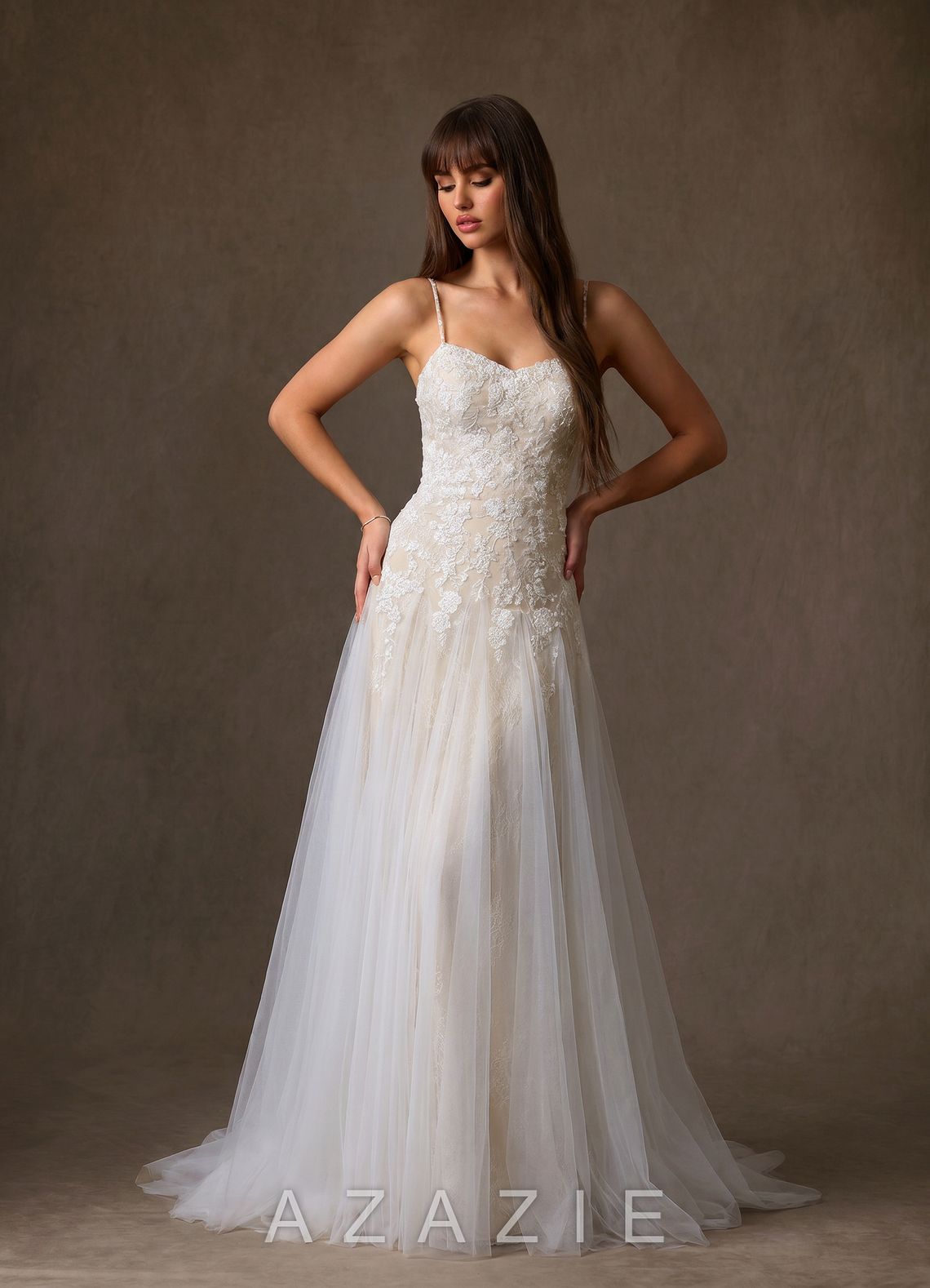 Azazie Lumina Diamond White Champagne A-Line Sweetheart Neckline Lace Dress diamond_white/champagne