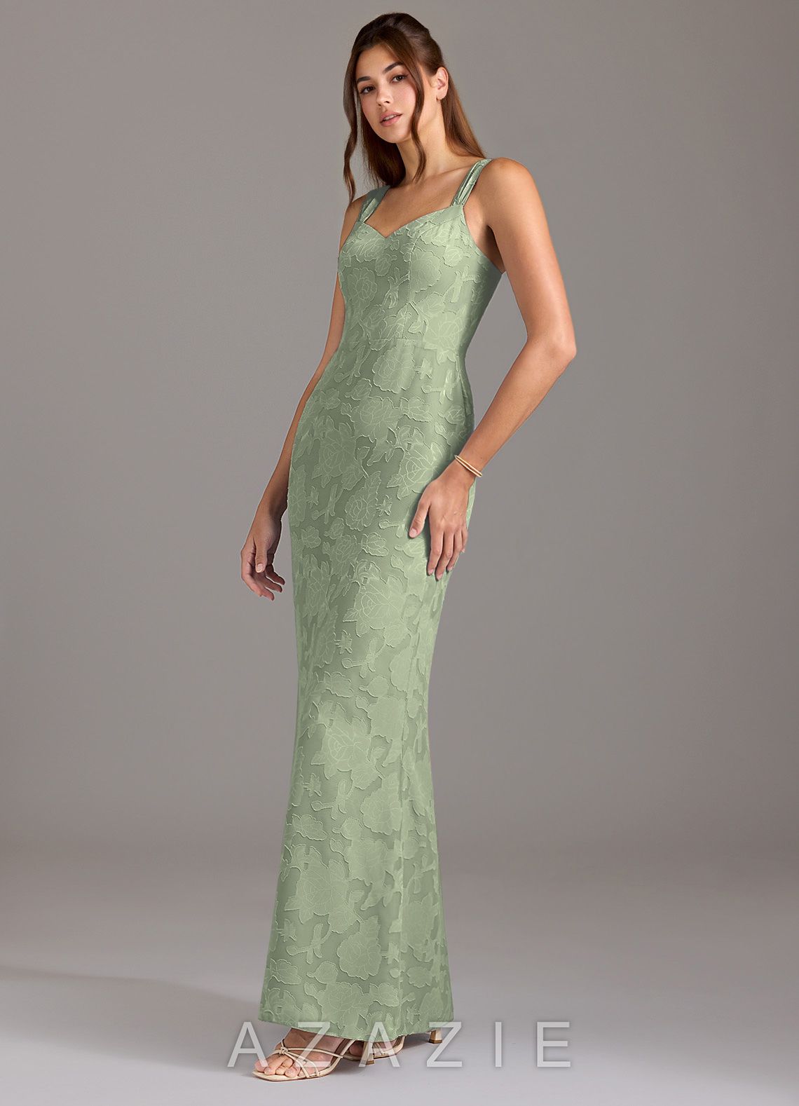 Azazie Denice Agave Mermaid Pleated Floral Burnout Dress agave