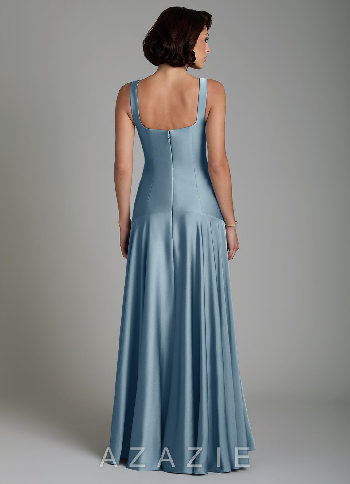Azazie Reina Dusty Blue A-Line Pleated Stretch Satin Dress dusty_blue