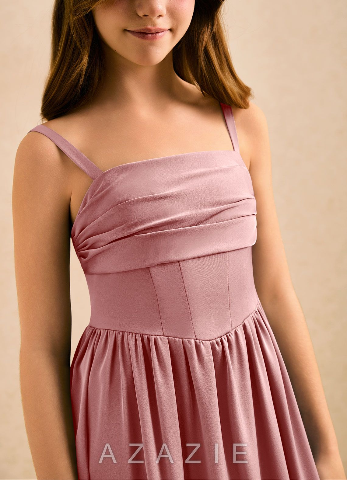 Azazie Maisie Girls Formal Dusty Rose A-Line Ruched Stretch Satin Dress dusty_rose