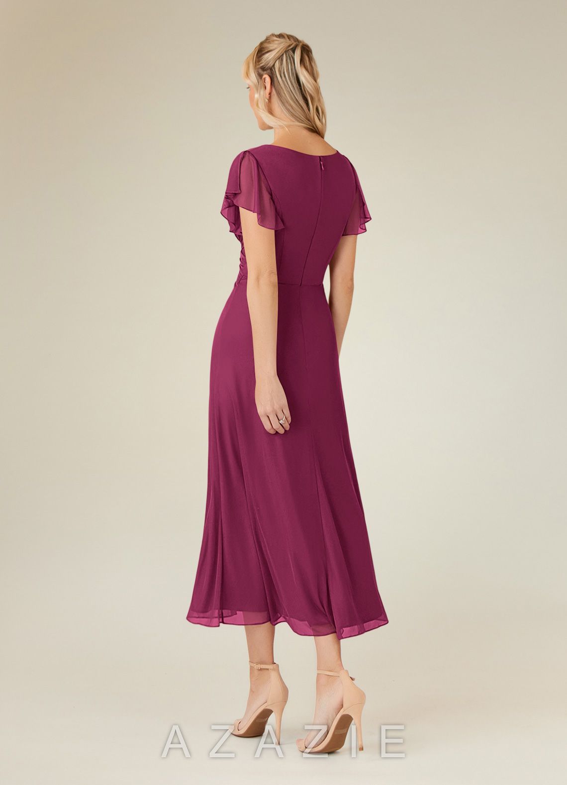 Azazie Vera Mulberry A-Line V-Neck Pleated Mesh Dress mulberry