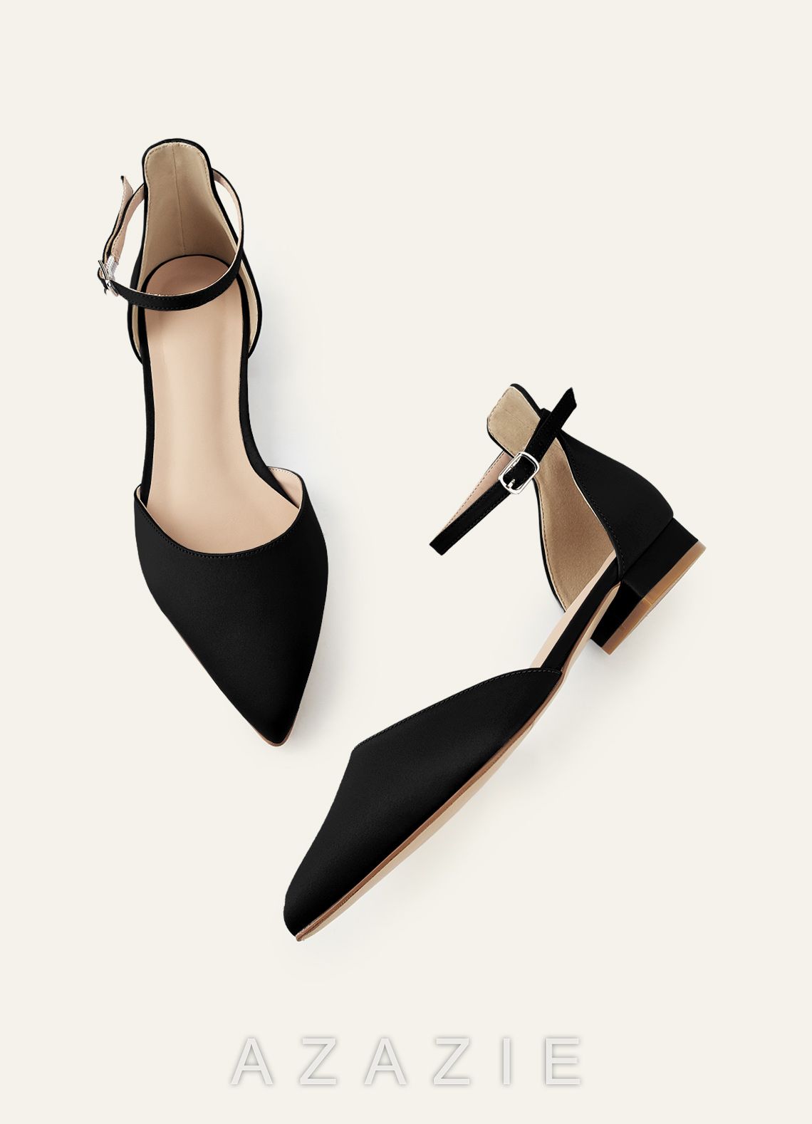 Matching Color Matte Satin Pointed Toe Ankle Strap Flat Pumps Low Heel Wedding Shoes  black