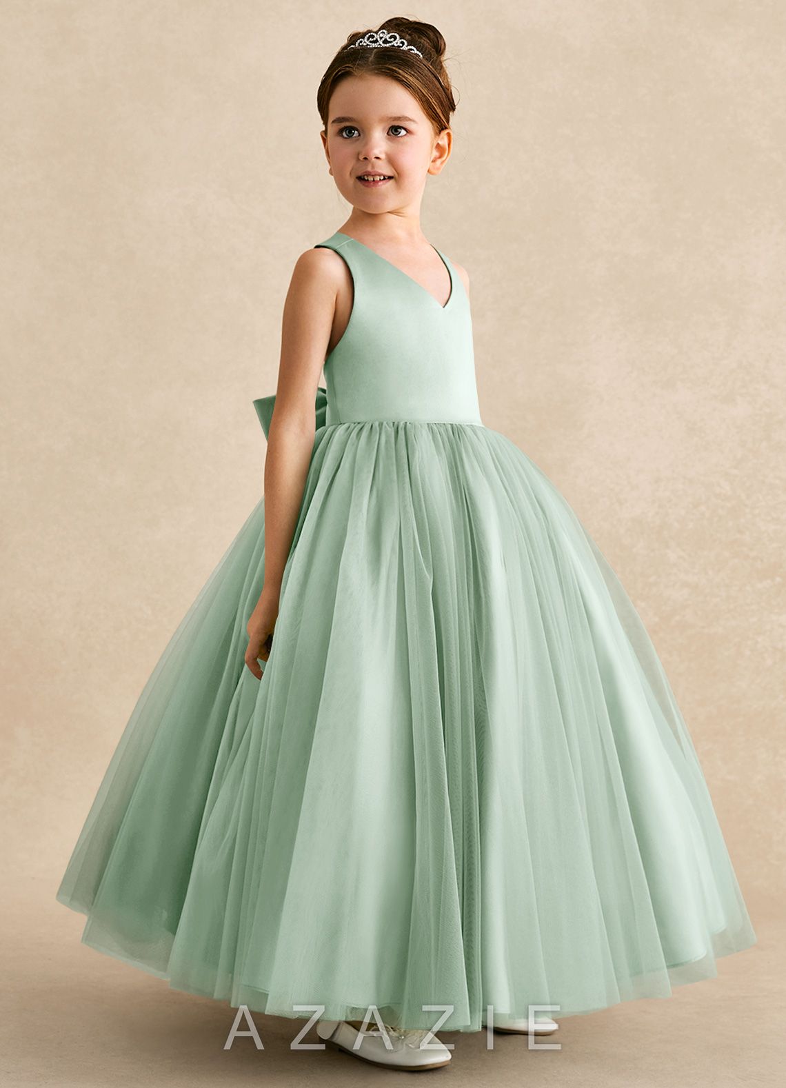 Azazie Peanut Agave A-Line Strap Tulle Dress agave