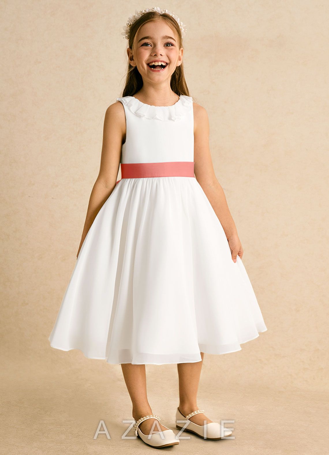 Azazie Dani Ivory Salmon Pink A-Line Bow Chiffon Dress ivory/salmon_pink