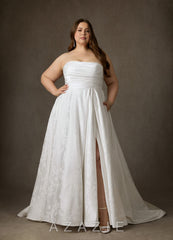 Azazie Daliah Diamond White A-Line Strapless Floral Jacquard Dress