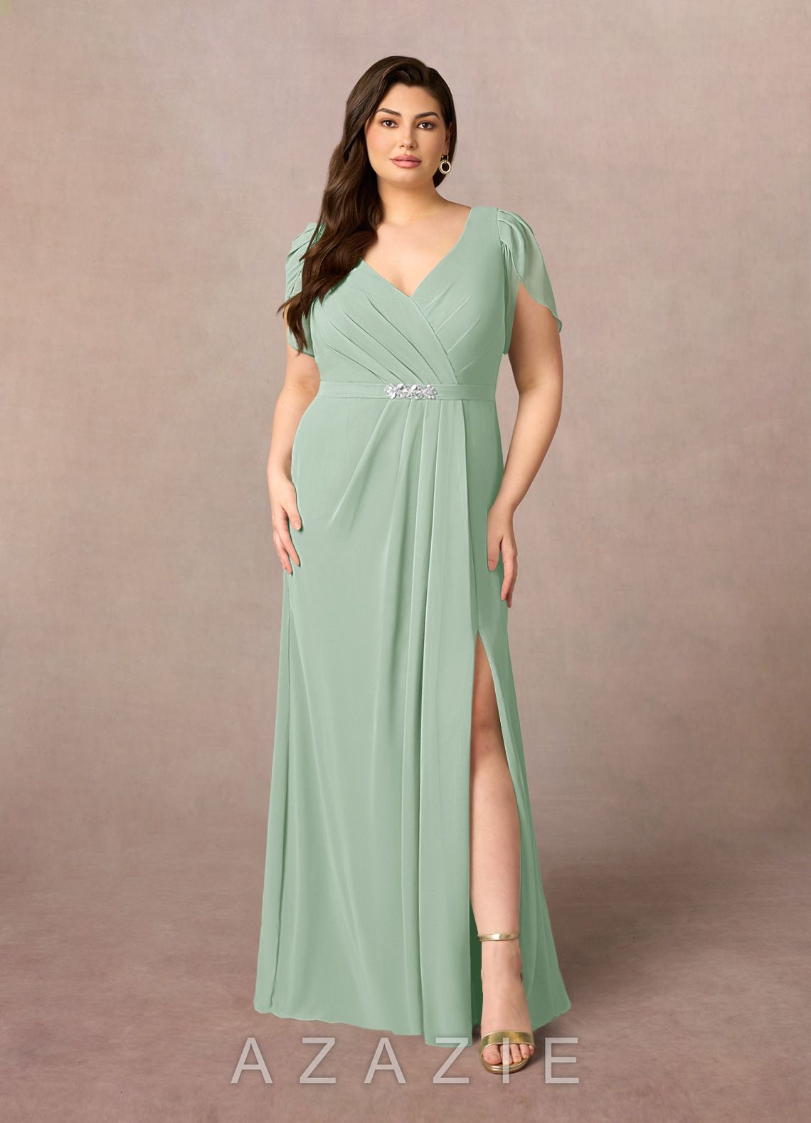 Azazie Marianne Agave Sheath V-Neck Pleated Chiffon Dress agave