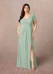 Azazie Marianne Agave Sheath V-Neck Pleated Chiffon Dress agave