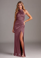 Azazie Jemma Amethyst Sheath Pleated Stretch Satin Dress