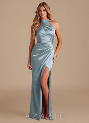 Azazie Jemma Dusty Blue Sheath Pleated Metallic Satin Dress