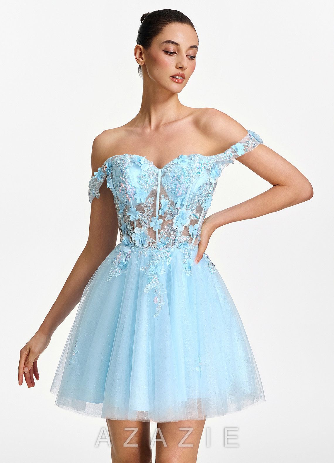 Eudaimonia Light Blue 3D Flower Sequin Embroidery Corset Off-the-Shoulder Tulle 