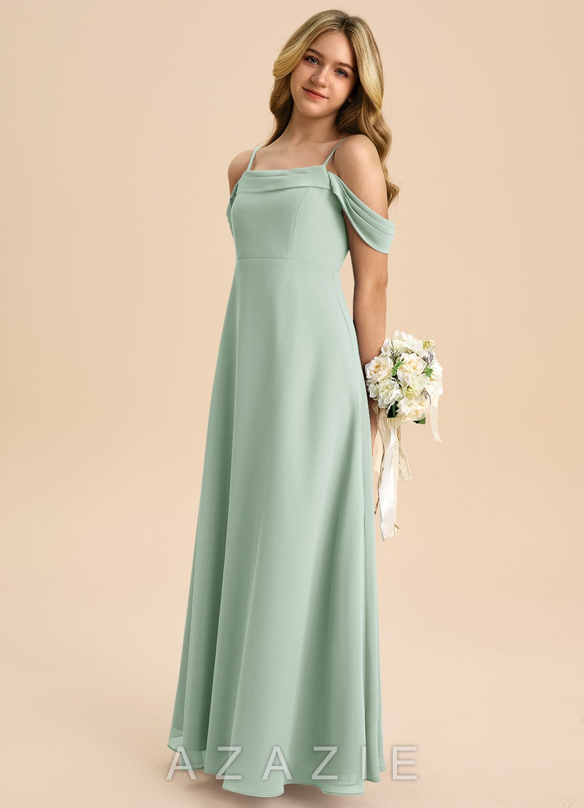 Azazie Anselie Junior Agave A-Line Off the Shoulder Chiffon Dress agave
