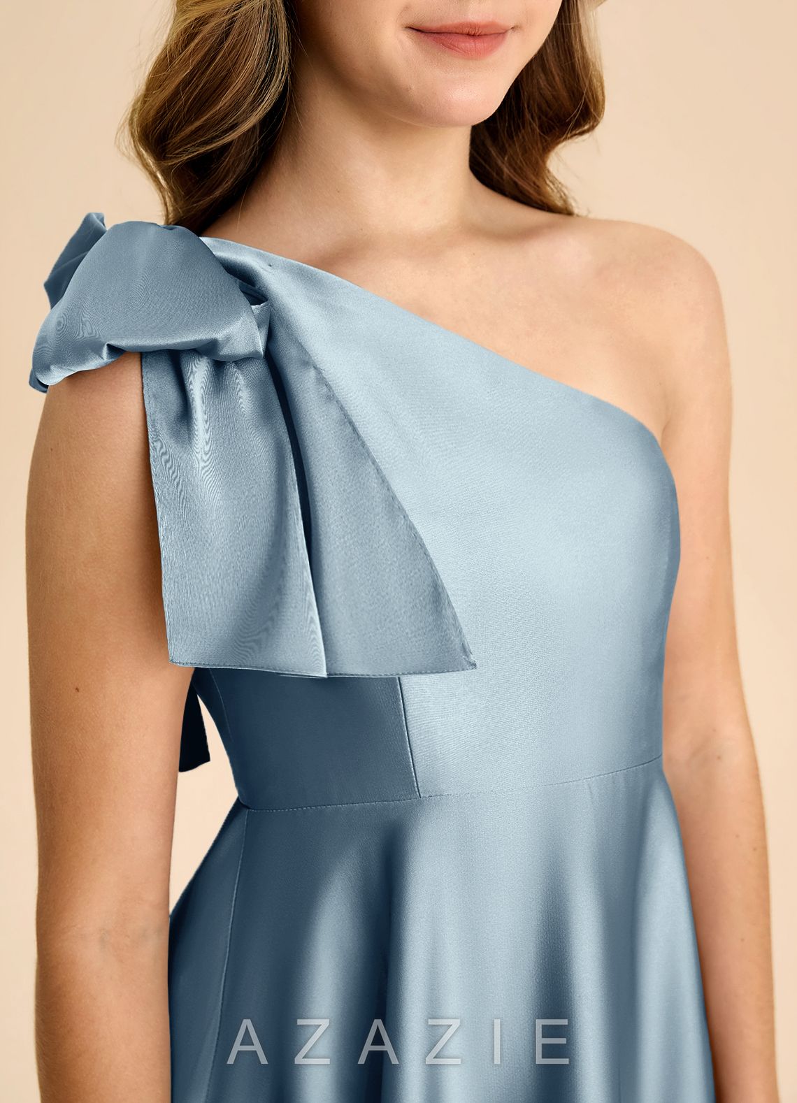 Azazie Penguin Junior Dusty Blue A-Line Bow Stretch Satin Dress dusty_blue