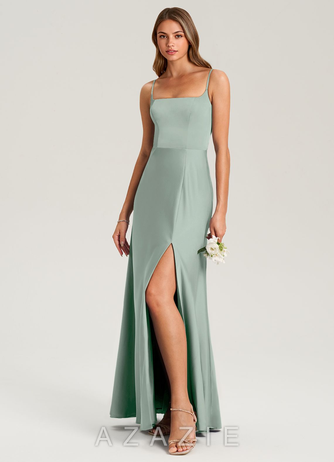 Azazie Lidia Agave Mermaid Side Slit Stretch Satin Dress agave