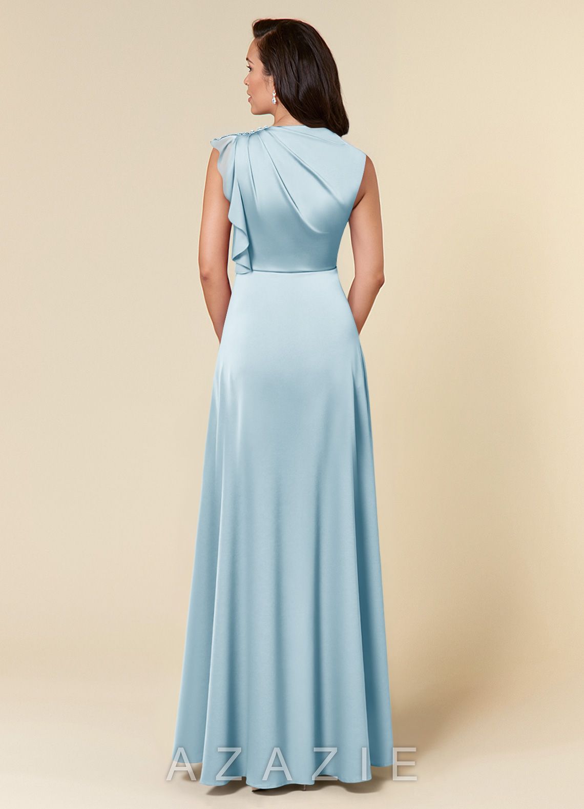 Azazie Narine Sky Blue A-Line High Neckline Pleated Stretch Satin Dress sky_blue