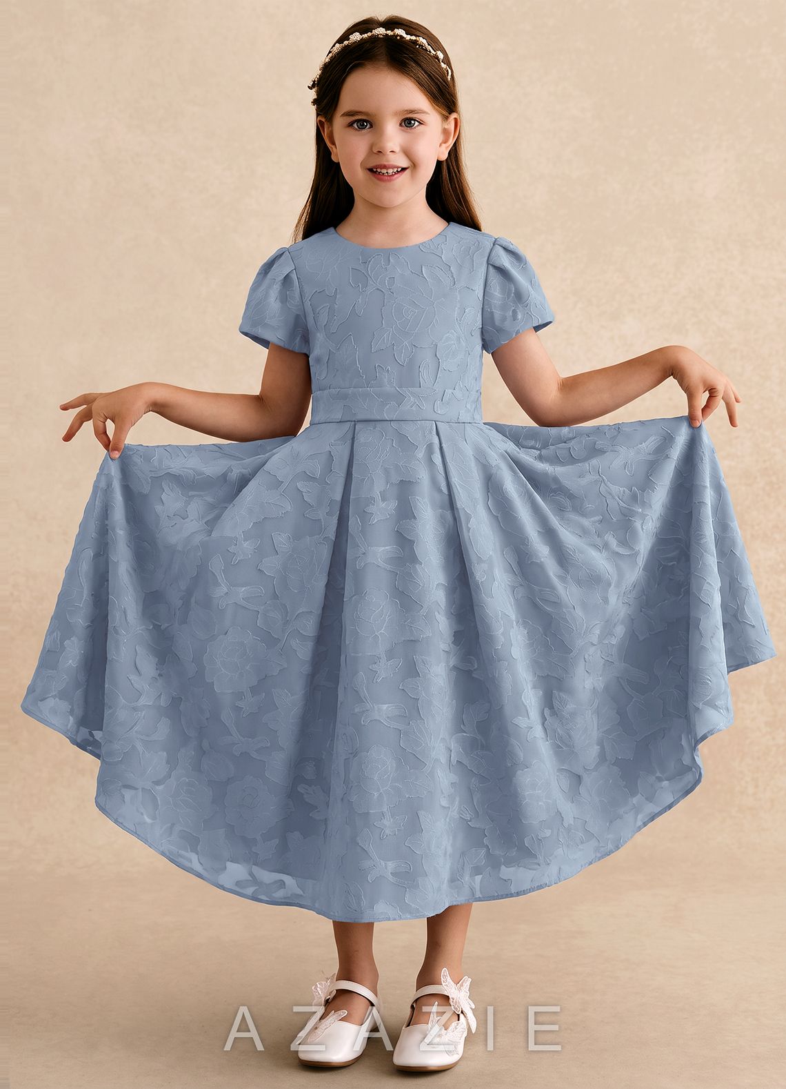 Azazie Princes Dusty Blue A-Line Pleated Floral Burnout Dress