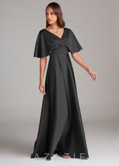 Azazie Pamela Black A-Line Pleated Stretch Satin Dress black