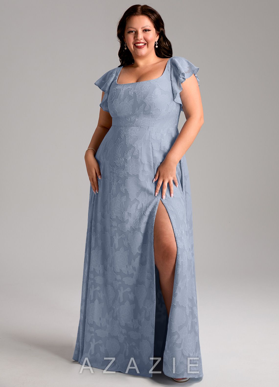 Azazie Bondi Dusty Blue A-Line Side Slit Floral Burnout Dress dusty_blue