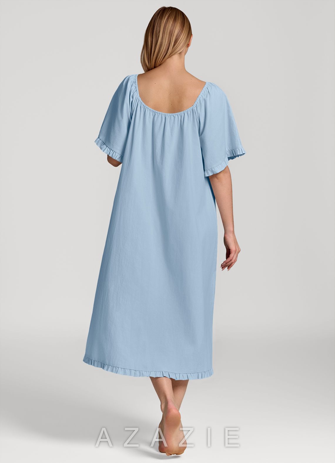 Ruffled Bow Short Sleeve Cotton Pajama Dress  sky_blue