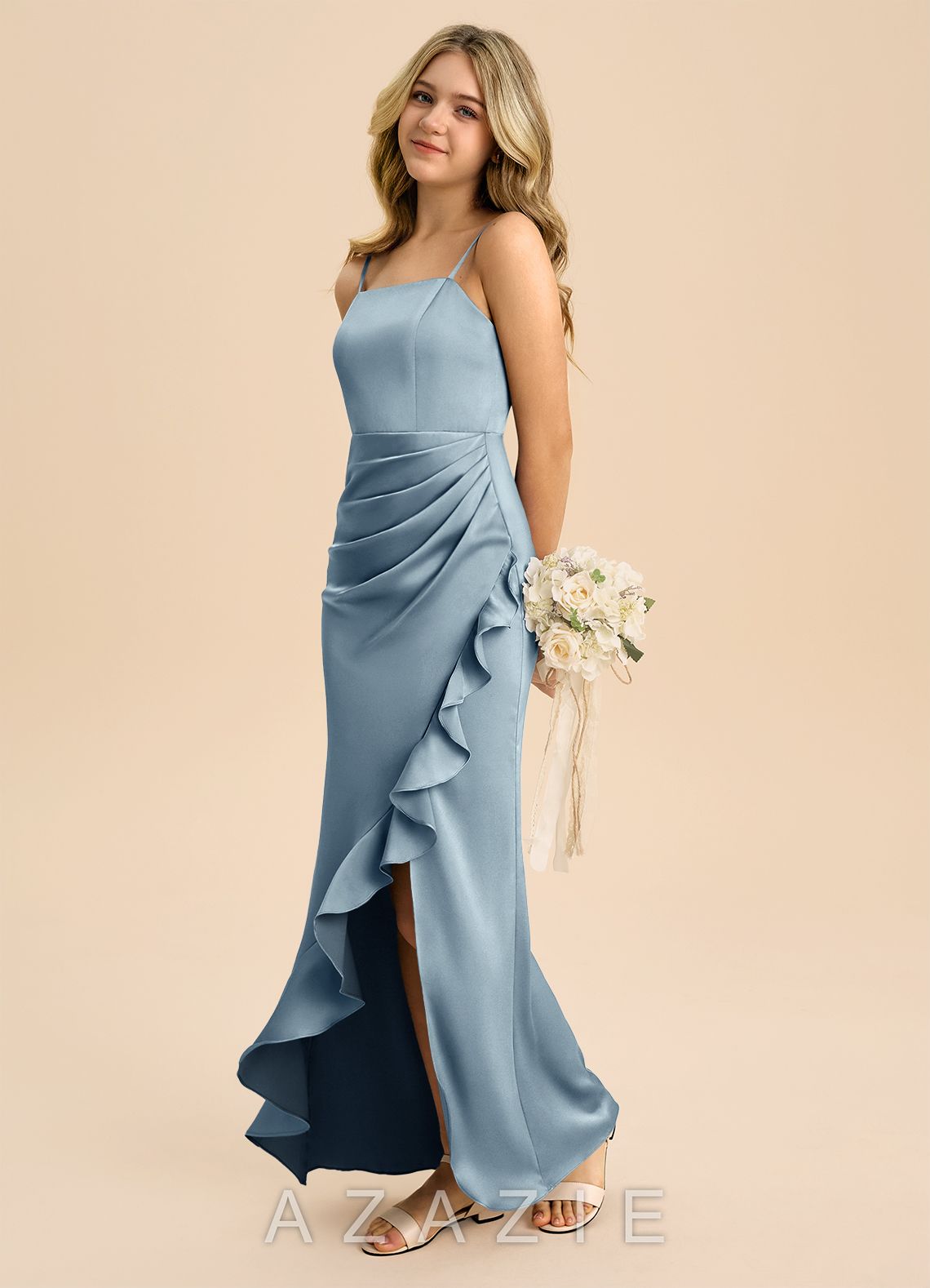 Azazie Buzzy Junior Dusty Blue Sheath Pleated Stretch Satin Dress dusty_blue