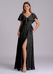 Azazie Lainey Black A-Line with Pockets Floral Burnout Dress