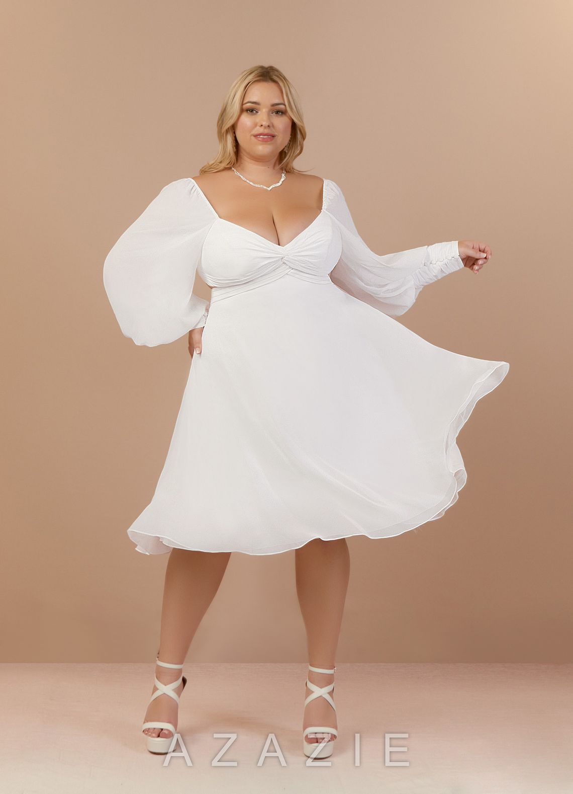 Azazie Delfina Wedding Dress Diamond White A-Line V-Neck Pleated Chiffon Dress diamond_white
