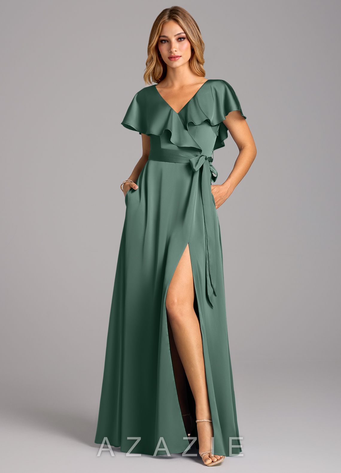 Azazie Lainey Eucalyptus A-Line with Pockets Stretch Satin Dress eucalyptus